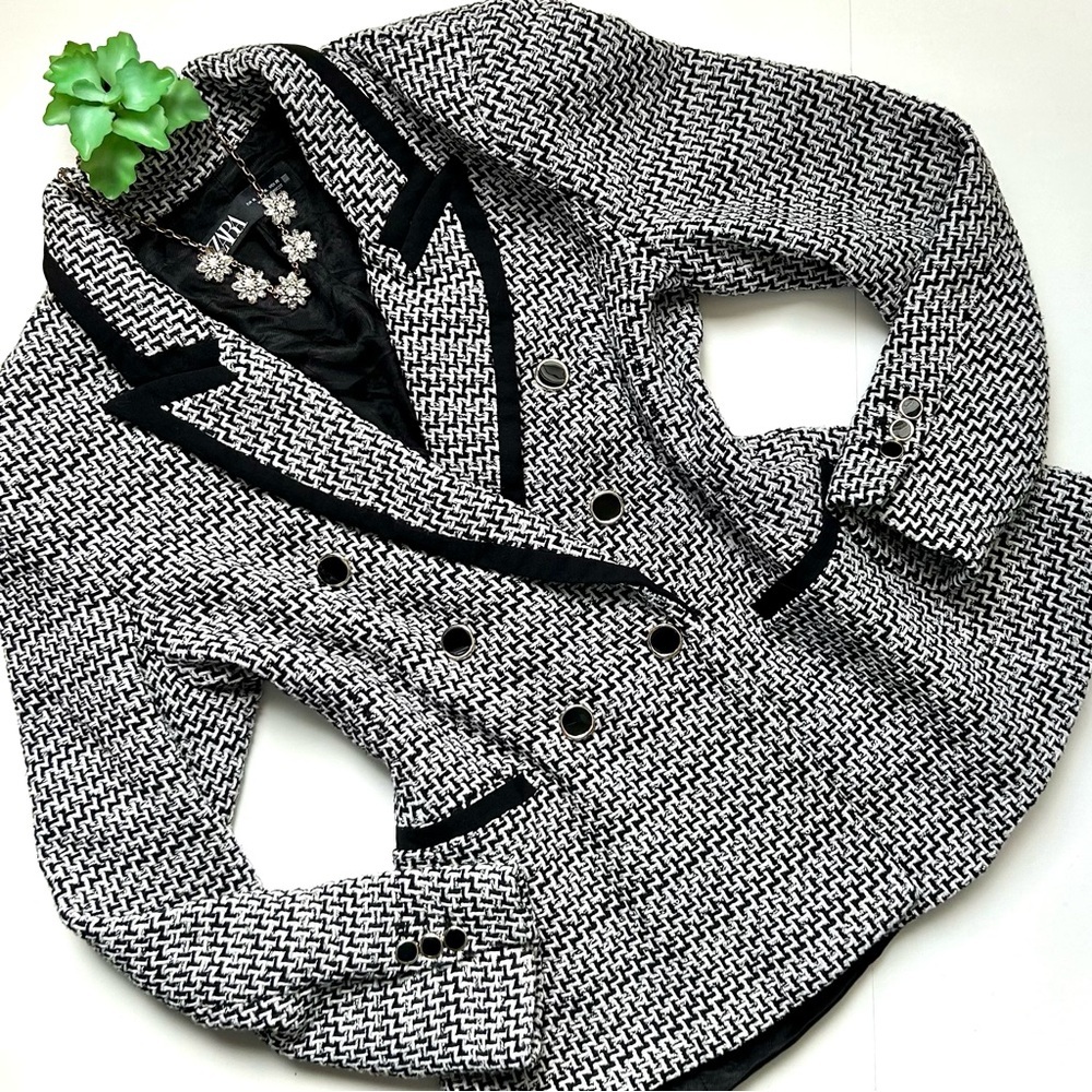 ZARA Structured Double Breasted Blazer Black White Tweed Blogger’s Favorite XL